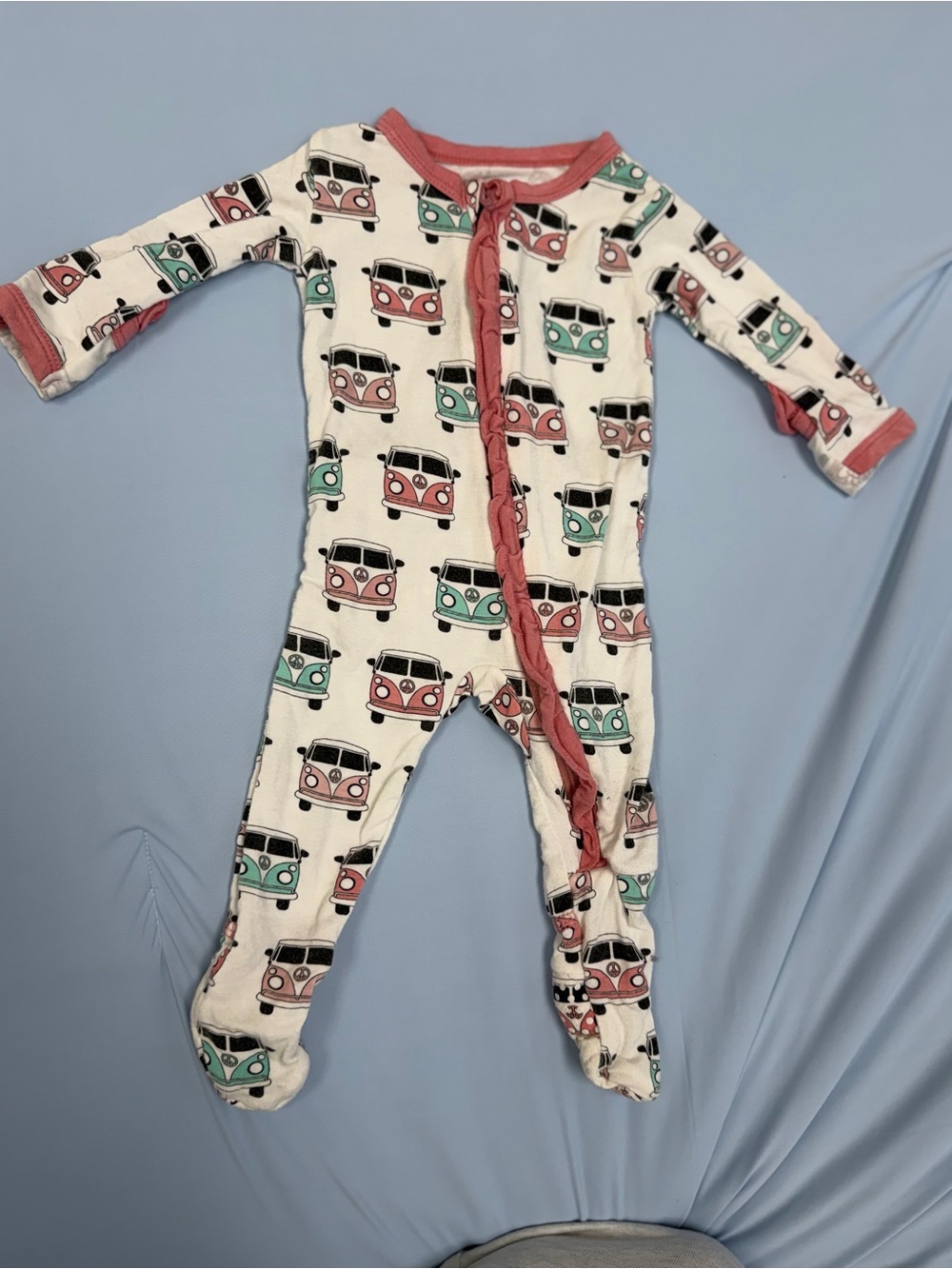 Kickee Pants Preemie Bamboo Ruffle Footie Retro Bus Print  boho